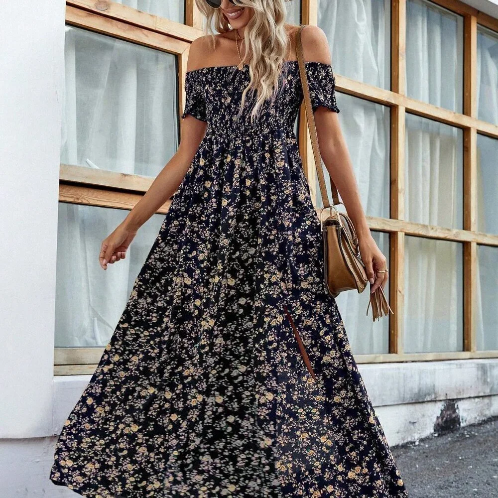 Multicolor Boho Women's Off Shoulder Ditsy Floral High Split Maxi Dress